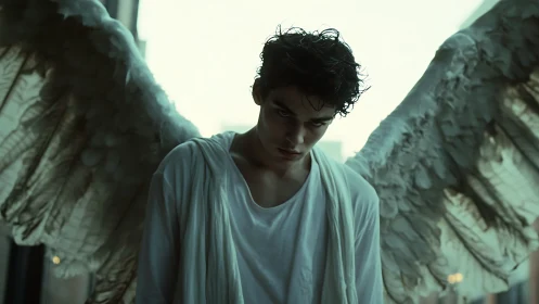 Brooding urban seraph with weathered wings in soft backlight.