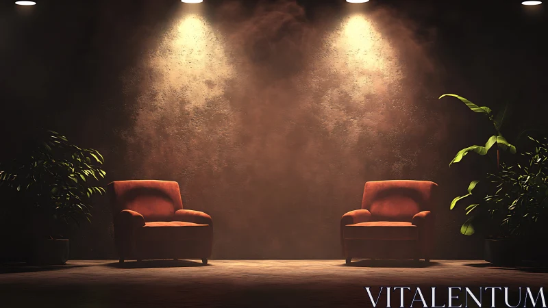 Symmetrical lounge scene uses warm spotlights on paired armchairs