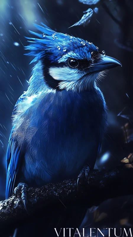 Raindrop-kissed blue jay rests calmly on a moonlit branch