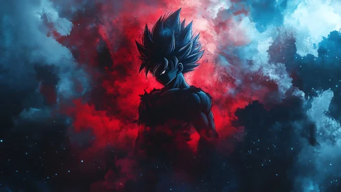 Cel-shaded warrior silhouette emerging from bifurcated nebula field