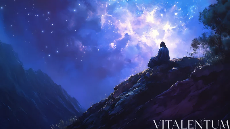 Solitary mystic studies radiant stars above twilight cliffs.