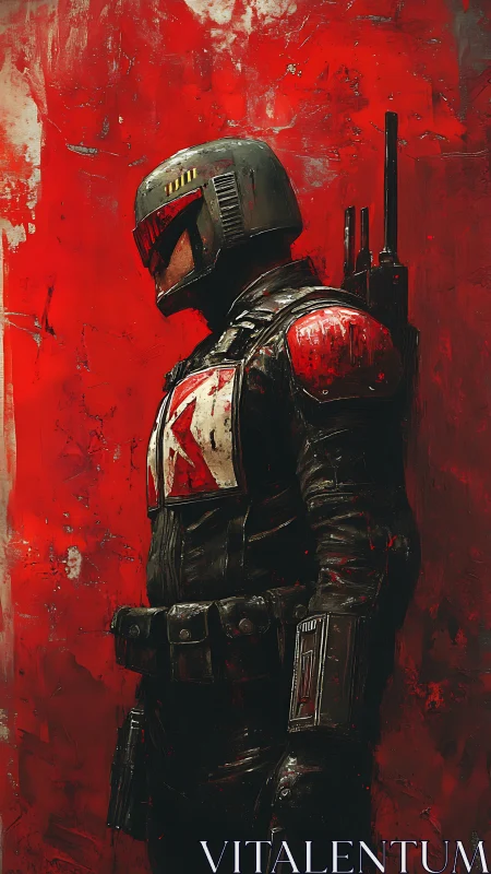 Armored sci fi soldier stands in profile against red wall