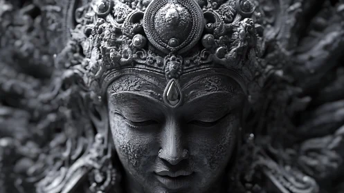 Hyper-detailed divine visage with ornate metallic relief work.