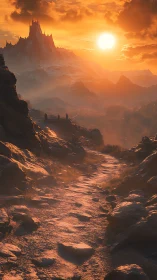 Sunlit rocky path leading toward distant dark fortress.