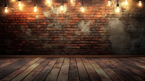 Edison bulbs warm a rustic brick wall and worn wood floor