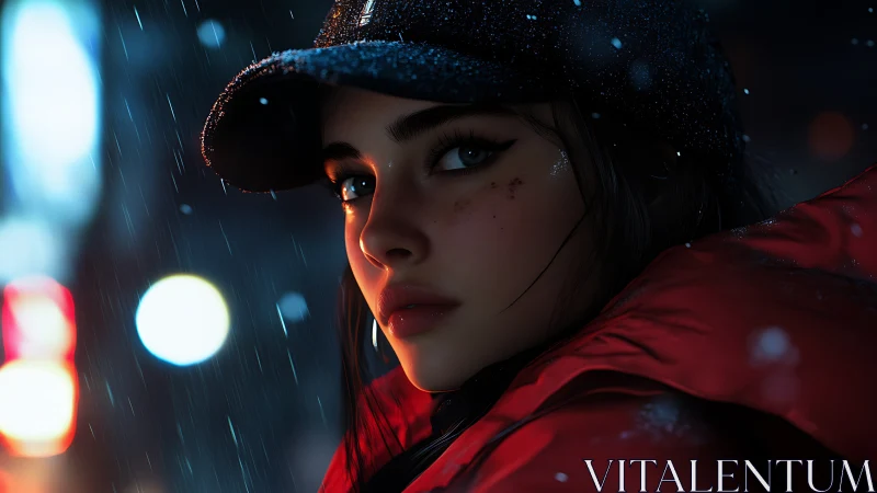 Young woman in red coat pausing under soft city snowfall.