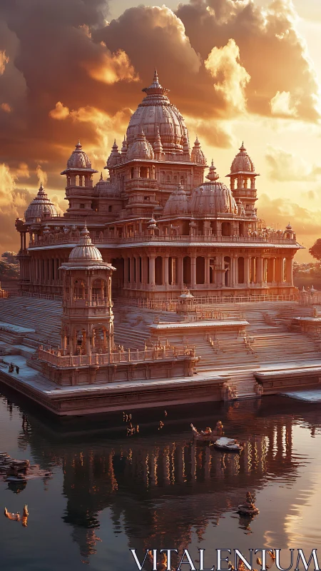 Photorealistic riverside temple in cinematic sunset light.