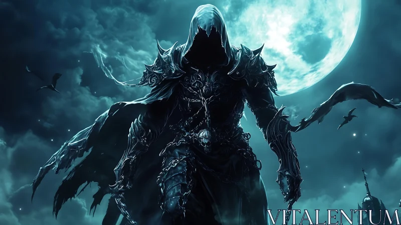Moonlit Reaper Knight strides beneath a feral, haunted sky.