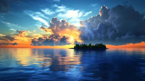 Tropical Island Sunset with Dramatic Cloud Formation.