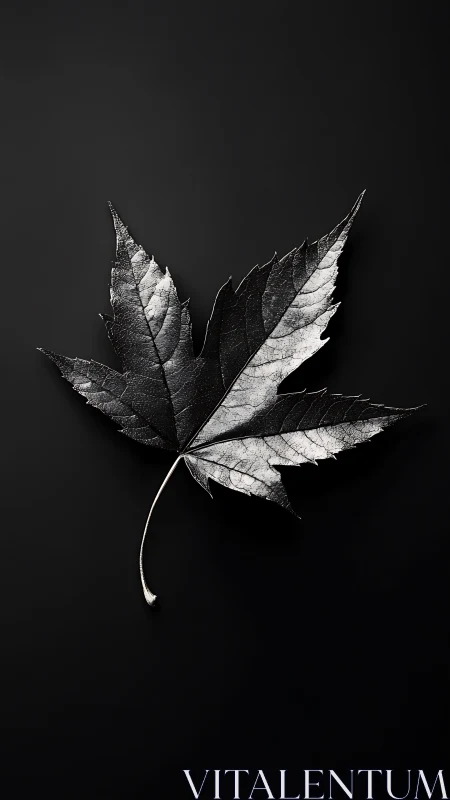 Monochrome maple leaf with metallic texture on black field.