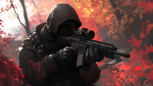 Tactical marksman in autumn forest with modular rifle system.