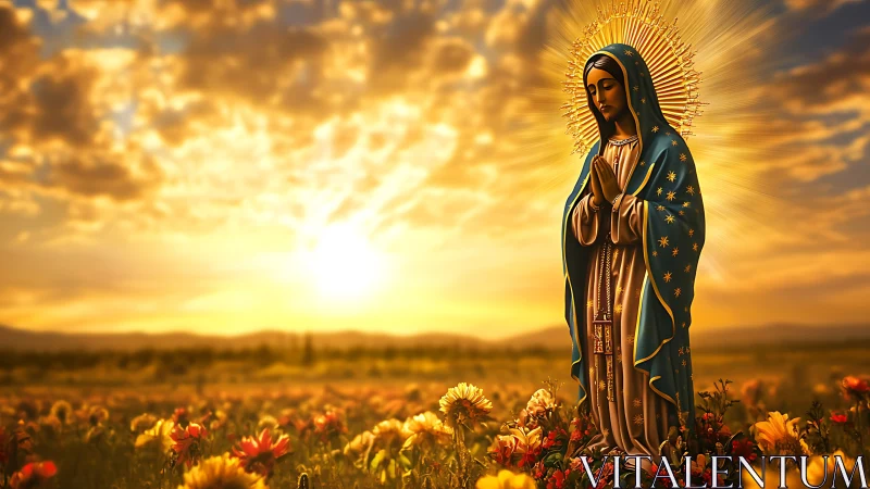 Golden hour Marian statue in sunlit wildflower meadow landscape