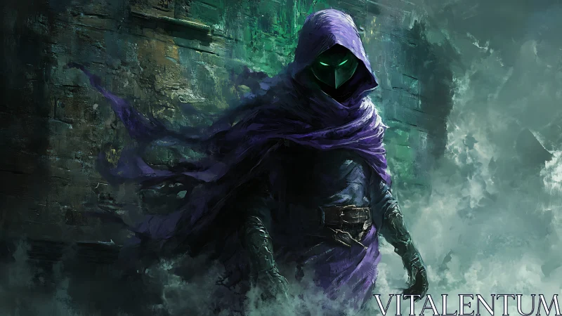 Mysterious hooded wanderer in swirling emerald mist.