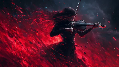 Silhouetted violinist stands amid red abstract energy field