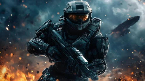 Armored sci fi soldier advancing through burning battlefield.