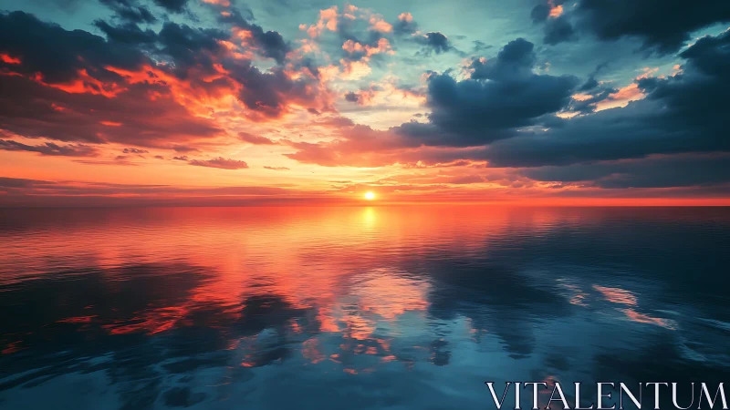 Sun sets over calm ocean horizon under dense cloud cover