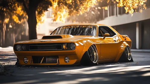 Low-slung yellow muscle car glows under golden autumn light