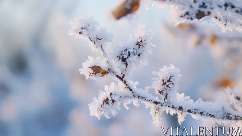 Close-up of frost-covered tree branch in soft daylight.