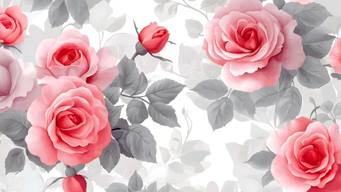 Pink garden roses with gray foliage rendered in layered digital painting technique.