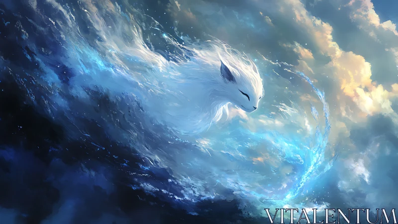 Skybound spirit fox gliding through swirling blue clouds.