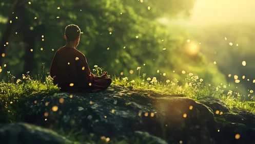 Young monk meditating on sunlit forest rock at sunset