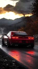 Red sports coupe on wet mountain road at sunset glow.