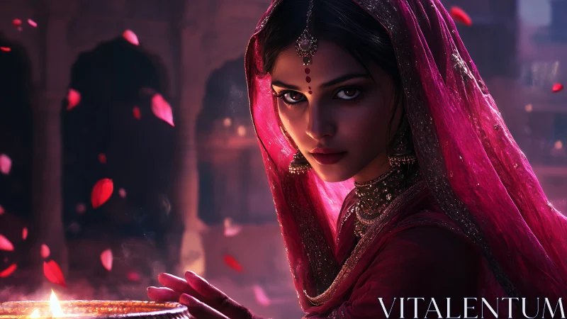 Bridal portrait in crimson veil with diya and drifting petals