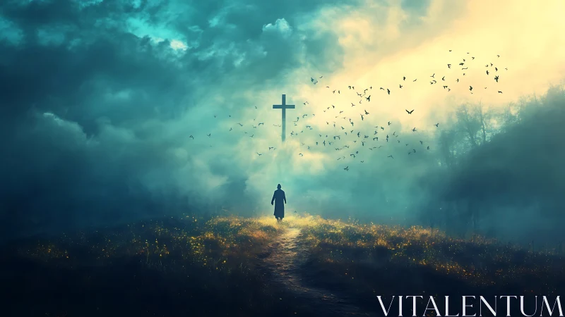 Solitary pilgrim walks into stormlit cross and circling birds