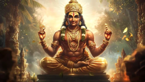 Radiant golden deity in symmetrical meditative equilibrium.
