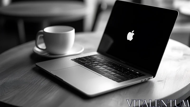 Laptop with illuminated logo sits beside coffee cup on table