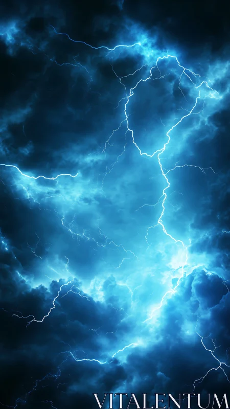 Electric blue lightning bolts illuminate turbulent storm clouds