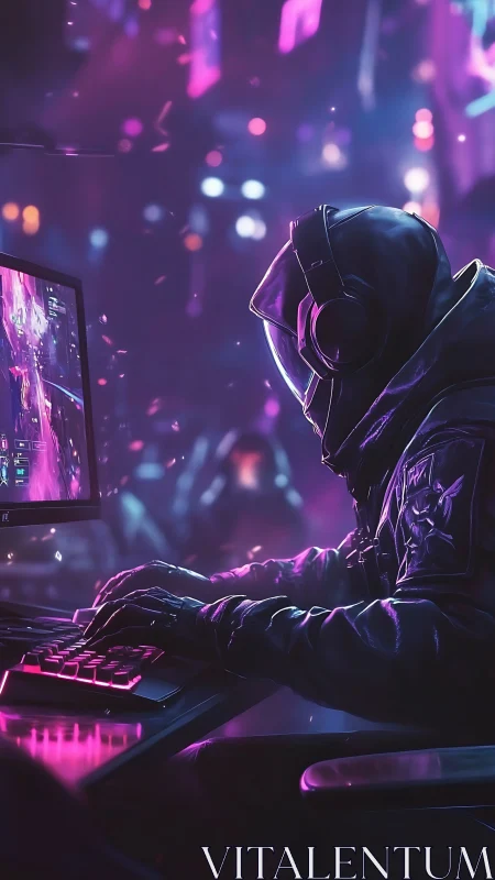 Neon cloaked gamer drifts through a holographic esports storm