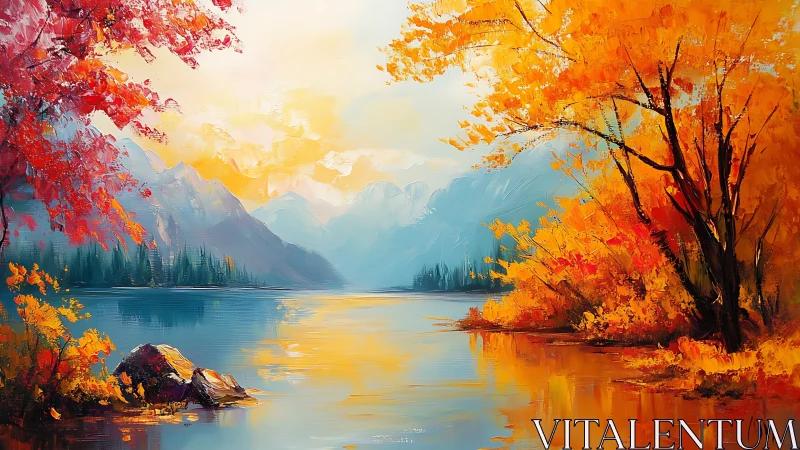 Autumn alpine lake with vivid foliage and glowing sky.