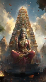 Seated goddess figure before ornate South Indian temple.