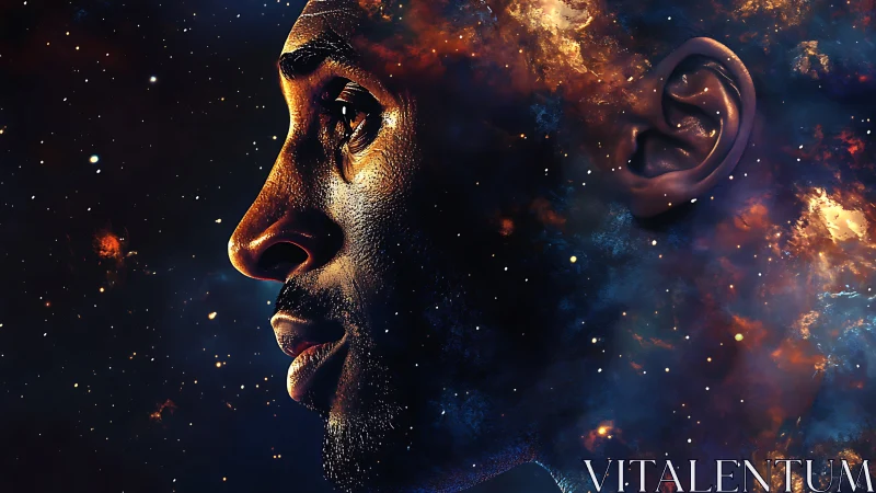 Cosmic profile portrait blends human face with starry nebula.