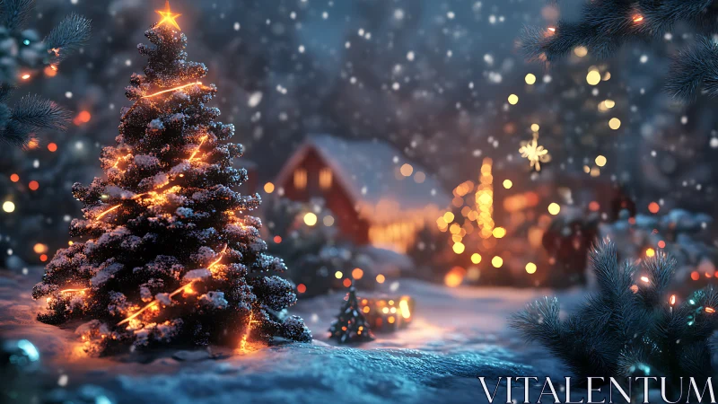 Illuminated Christmas tree in snowy cottage landscape at dusk