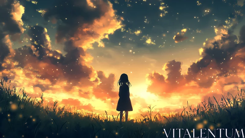 Silhouetted girl under glowing sunset sky fieldscape.