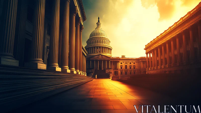 Golden light pours across grand domed government halls