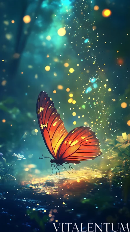 Glowing orange butterfly in a luminous forest clearing.