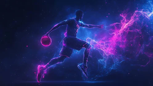 Neon-charged basketball player mid-air rendered in cyber glow