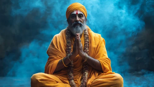 Orange-robed guru meditates before blue atmospheric haze.