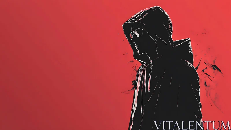 Hooded figure in profile stands against flat red backdrop
