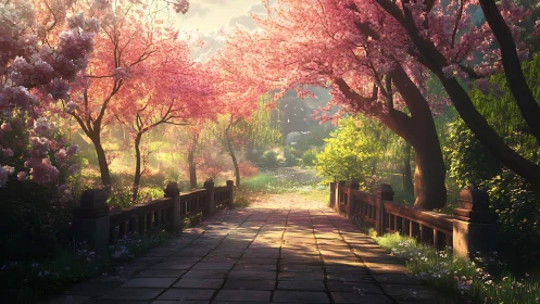 Stone garden bridge under pink cherry blossom trees in spring.