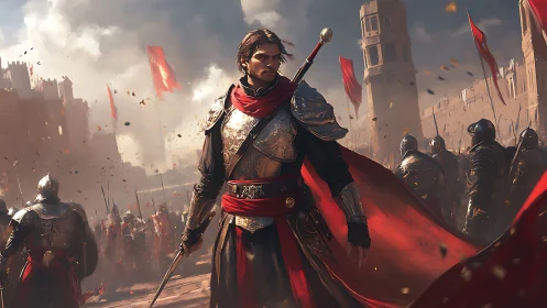 Heroic knight in scarlet cloak leading a rising army.