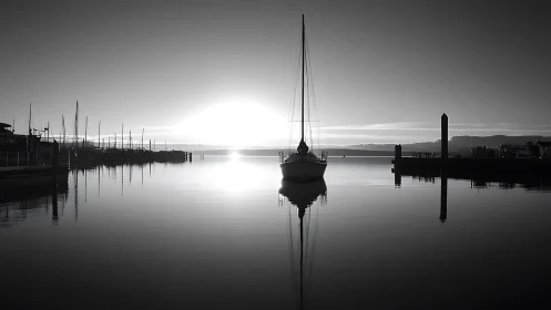 Monochrome marina sunrise with moored sailboat and reflections