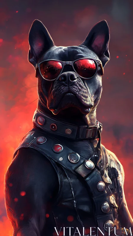 Armored bulldog in sunglasses commands a fiery, cinematic scene