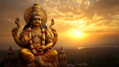 Golden Hindu deity statue against vivid sunset sky.