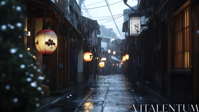 Rain-soaked Kyoto alleyway with glowing paper lanterns at dusk.