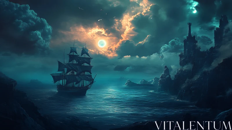 Moonlit galleon near storm-worn cliff fortress in teal haze