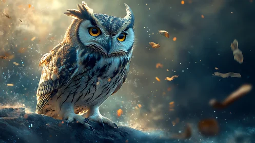 Majestic owl in dramatic lighting with swirling autumn leaves.